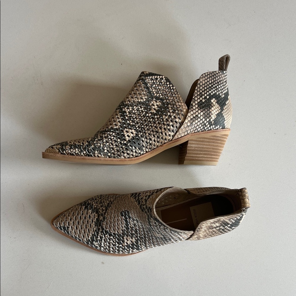 Dolce Vita Snake-Print Pointed Ankle Booties - Black & Tan